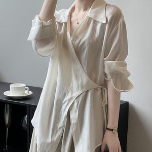 新中式繫帶襯衫長裙套裝-24101