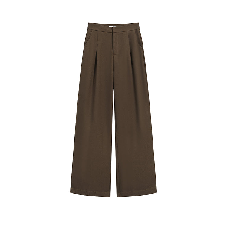 咖色高腰寬鬆落地西裝褲-25649