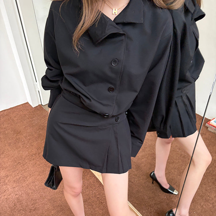 黑色復古立領設計襯衫連衣裙-25641