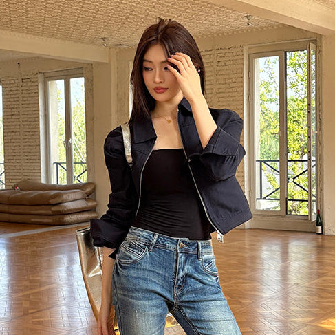 海藍翻領工裝短版棉夾克-25684