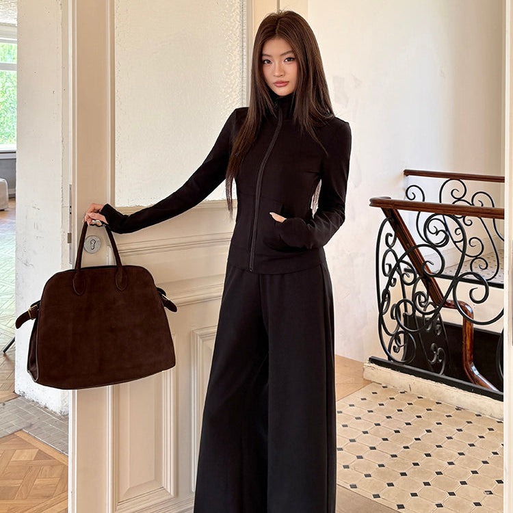 秘密同盟黑色立領修身外套寬褲兩件套-25636