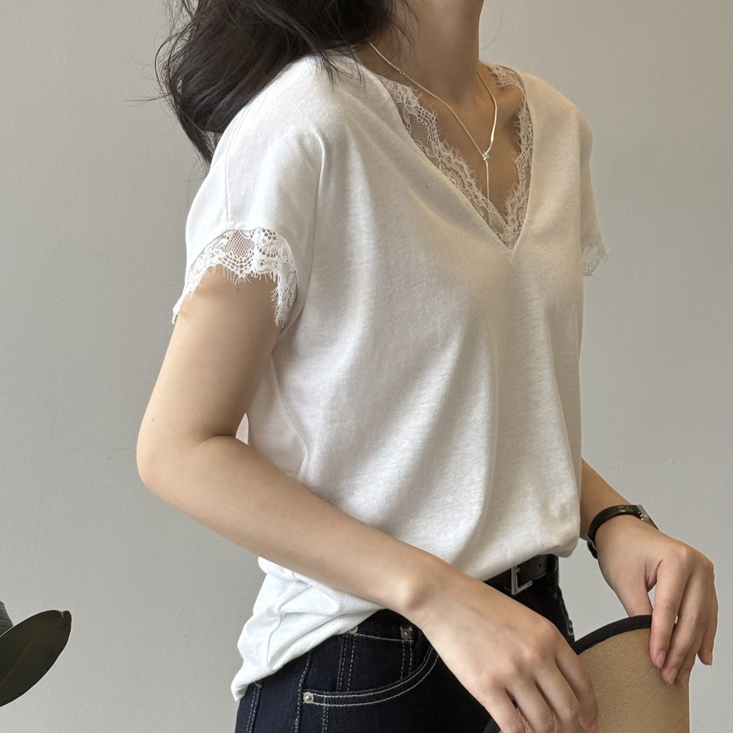 寬鬆蕾絲花邊V領T恤-25440