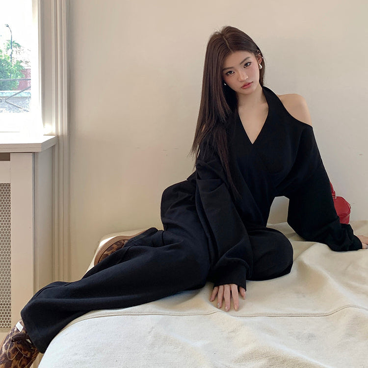 潮模掛脖衛衣抽繩衛褲兩件套-25637