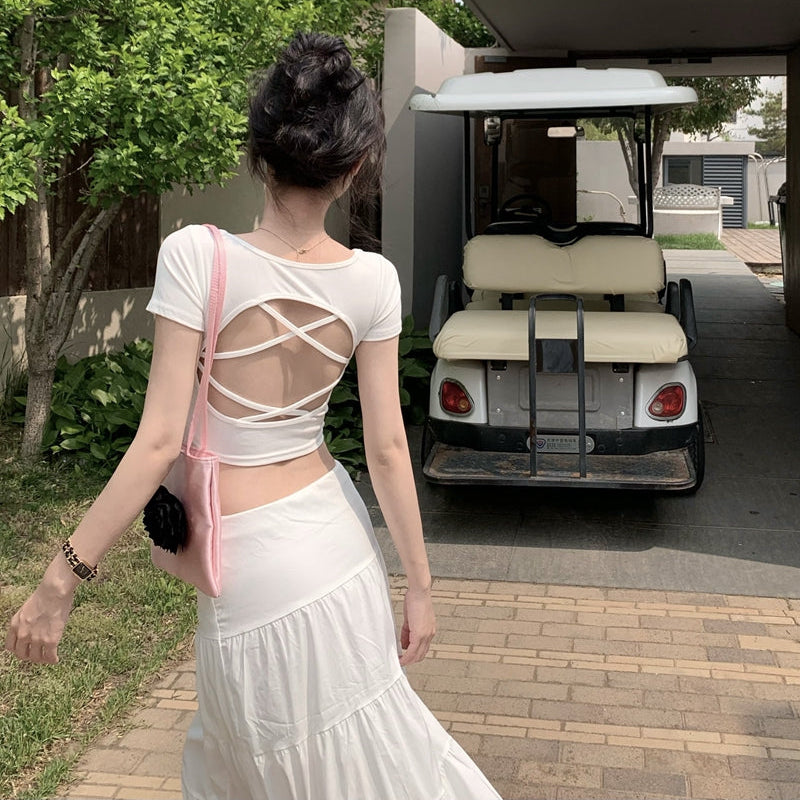 露背綁帶修身露臍短版bratop上衣-25457