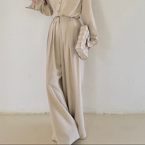 亞麻直紋落地寬褲-25658