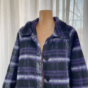 靛紫格紋單排扣寬鬆毛呢長大衣-23630