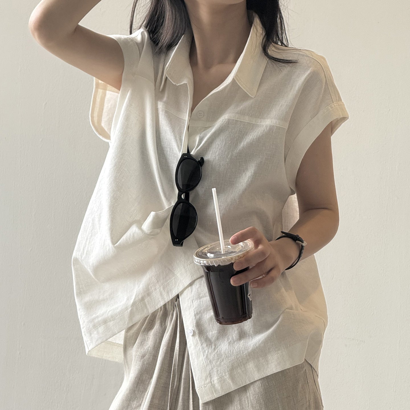 腦性女亞麻飛飛袖顯瘦襯衫-25431