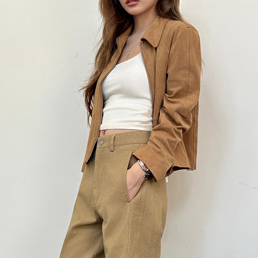 深卡其牛皮絨拉鏈皮外套-25656