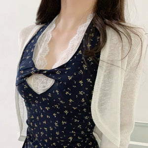 深藍碎花蕾絲拼接掛脖長洋-25583