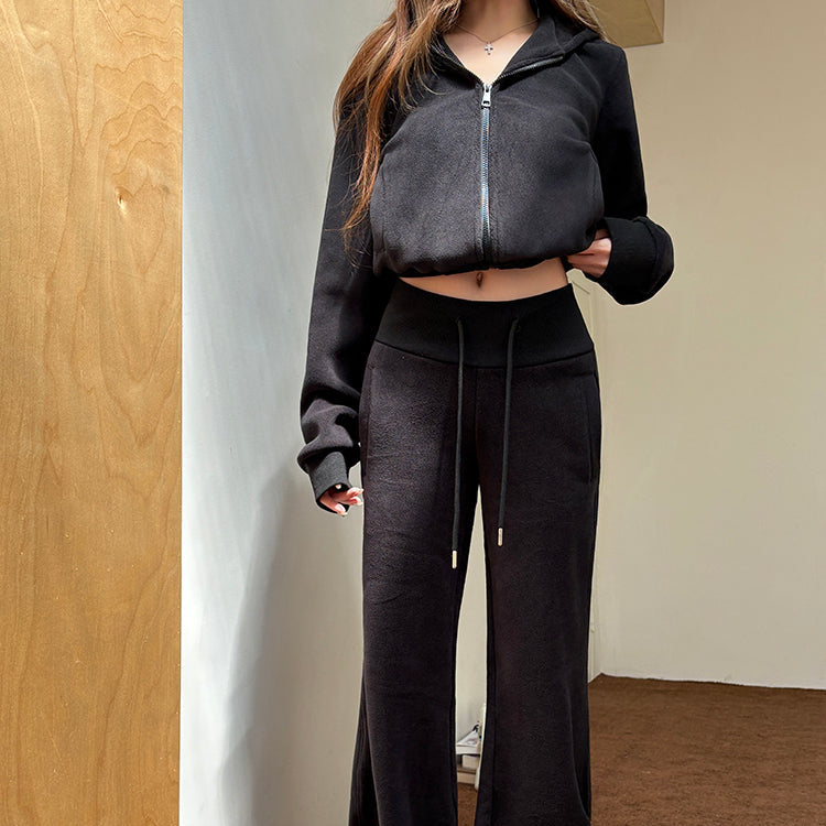 黑廠潮流搖粒絨連帽外套微喇褲兩件套-25640