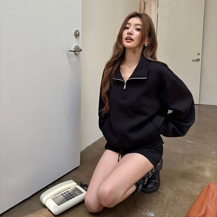 寬鬆廓形立領半拉鏈衛衣-25631