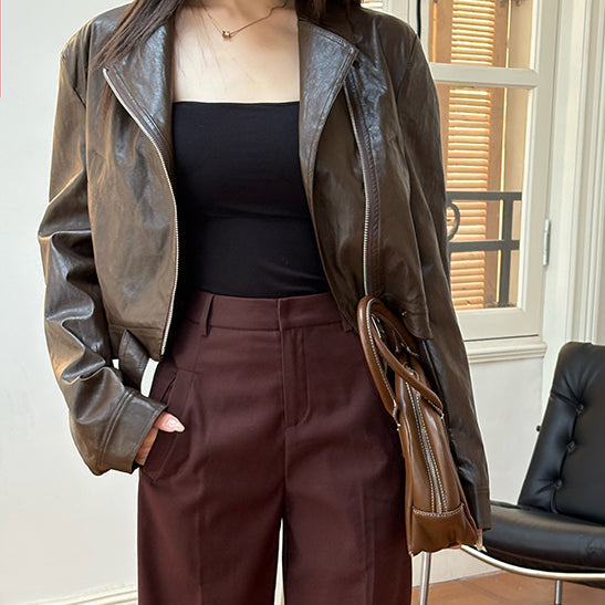 辣妹棕色PU皮夾克-25665