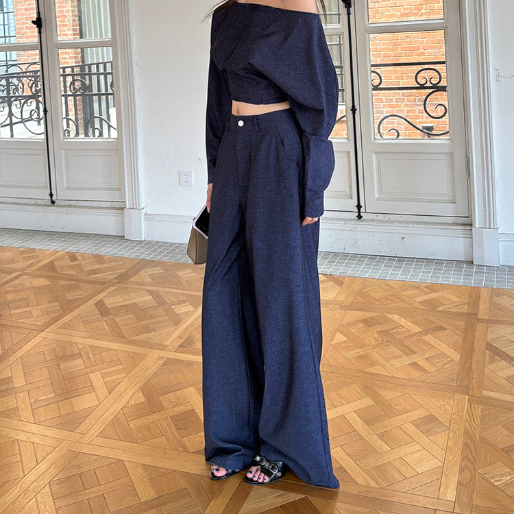 靛藍格調落地寬褲-25646