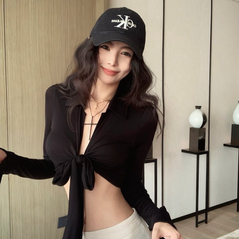 蝴蝶結綁帶露臍開衫上衣-25466