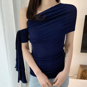 女人香深藍飄帶露肩上衣-25578