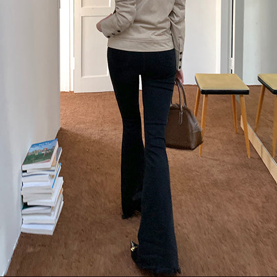 長腿小姐高腰黑色微喇牛仔褲-25650