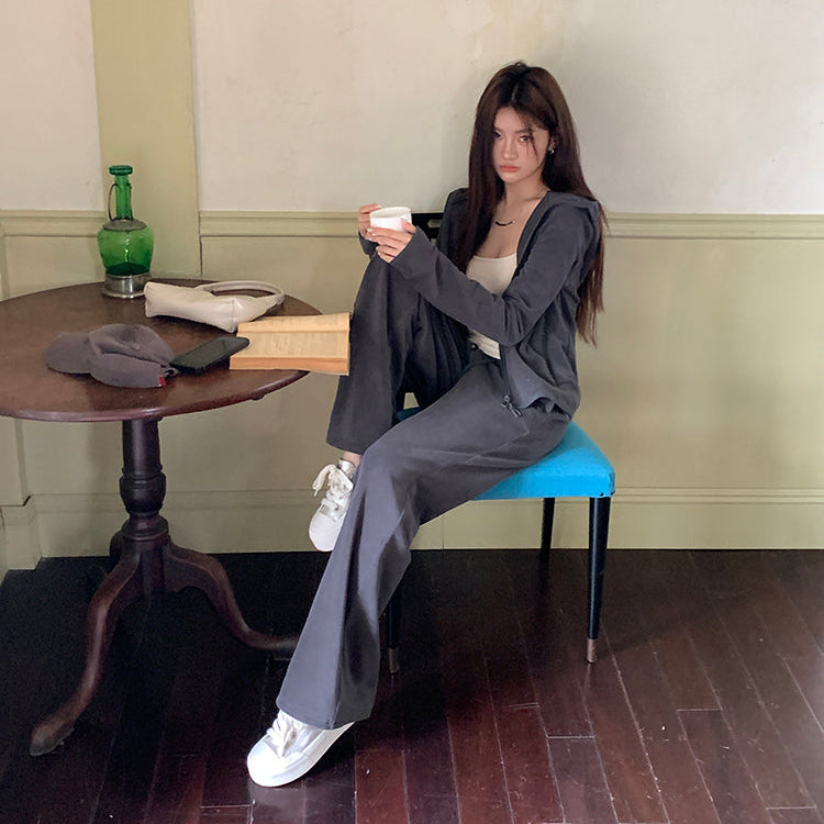深灰絨面連帽外套垂感直筒褲兩件套-25630