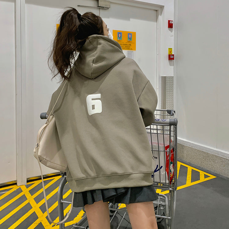 GOOD LUCK美式復古加絨連帽衛衣-25629