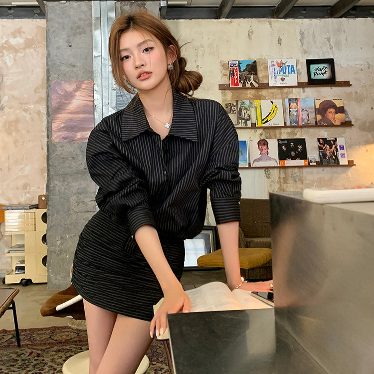 美麗壞女人黑底白條紋襯衫皮帶連衣短洋-25145