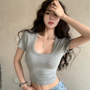 簡約性感低U領短T恤-25482