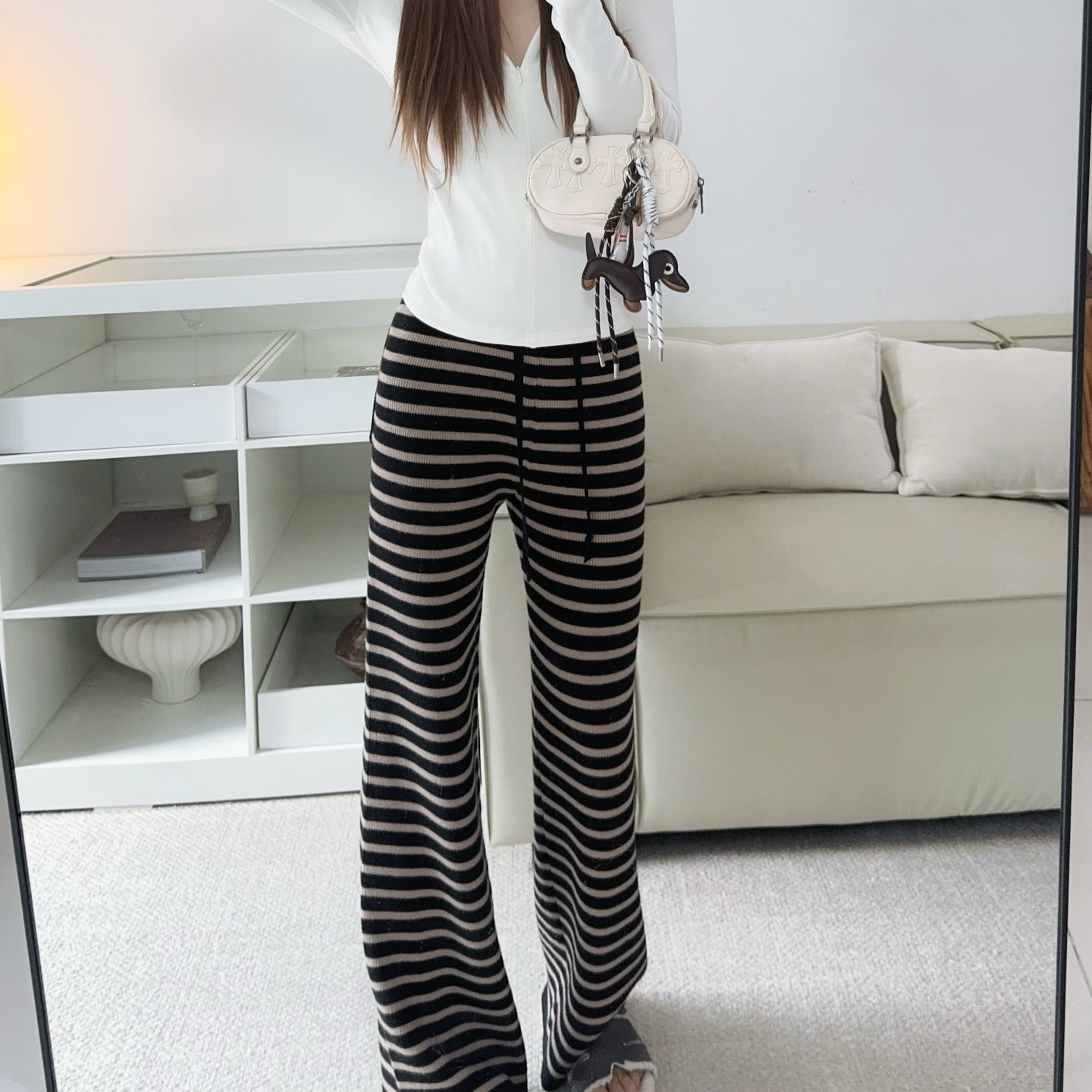 軟糯針織加厚條紋寬褲-25673