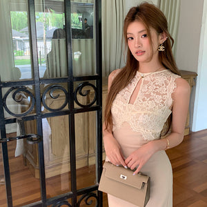 曾追憶杏色蕾絲拼接鏤空長洋-25284
