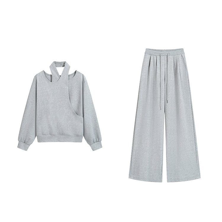 潮模掛脖衛衣抽繩衛褲兩件套-25637