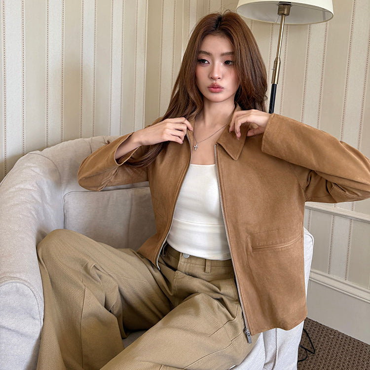 深卡其牛皮絨拉鏈皮外套-25656