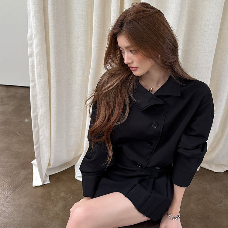 黑色復古立領設計襯衫連衣裙-25641