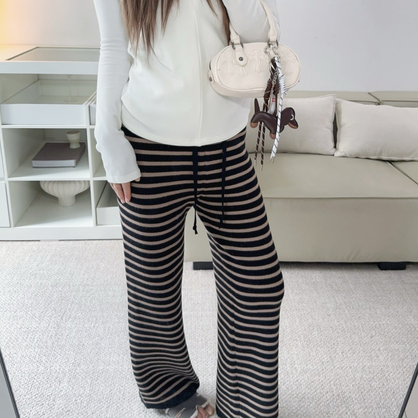 軟糯針織加厚條紋寬褲-25673