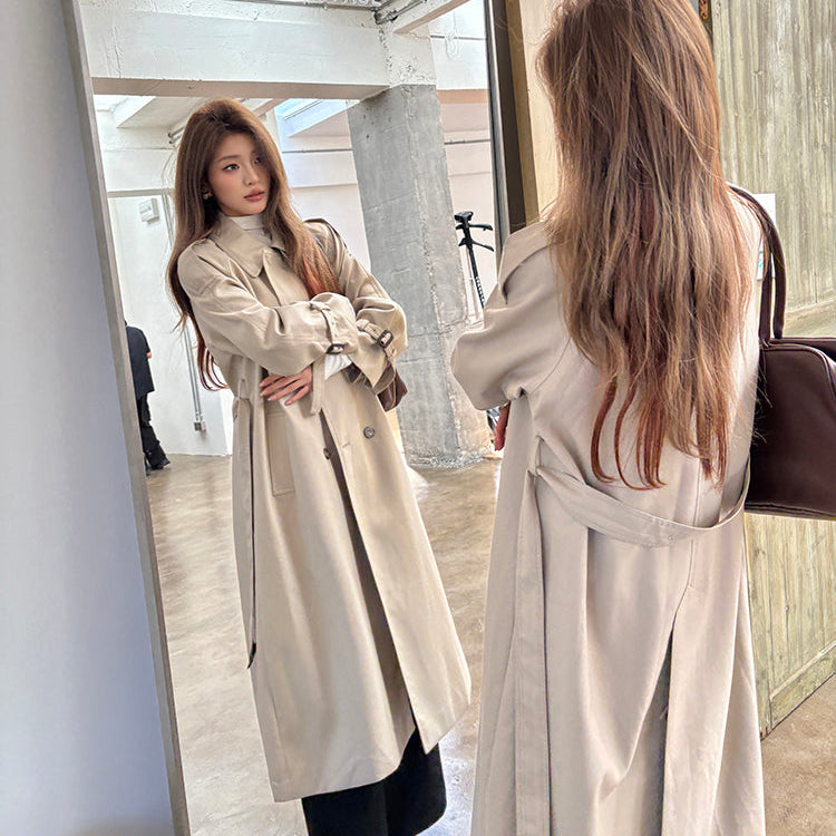 倫敦人寬鬆繫帶過膝長版風衣大衣-25654