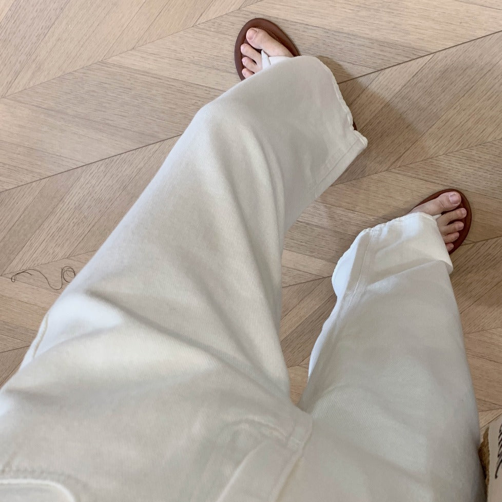 韓版直筒闊腿白色牛仔褲-24252