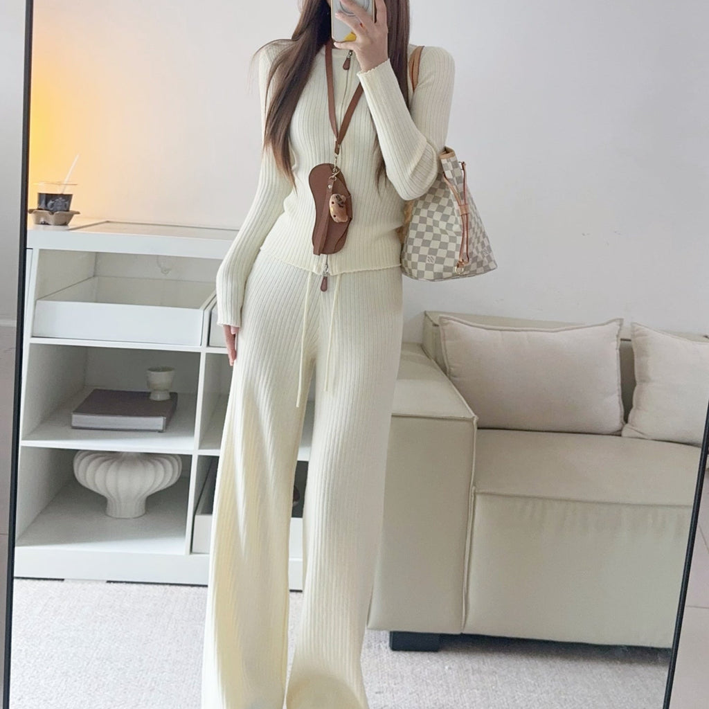 拉鍊坑條針織外套鬆緊高腰直筒長褲套裝-25676