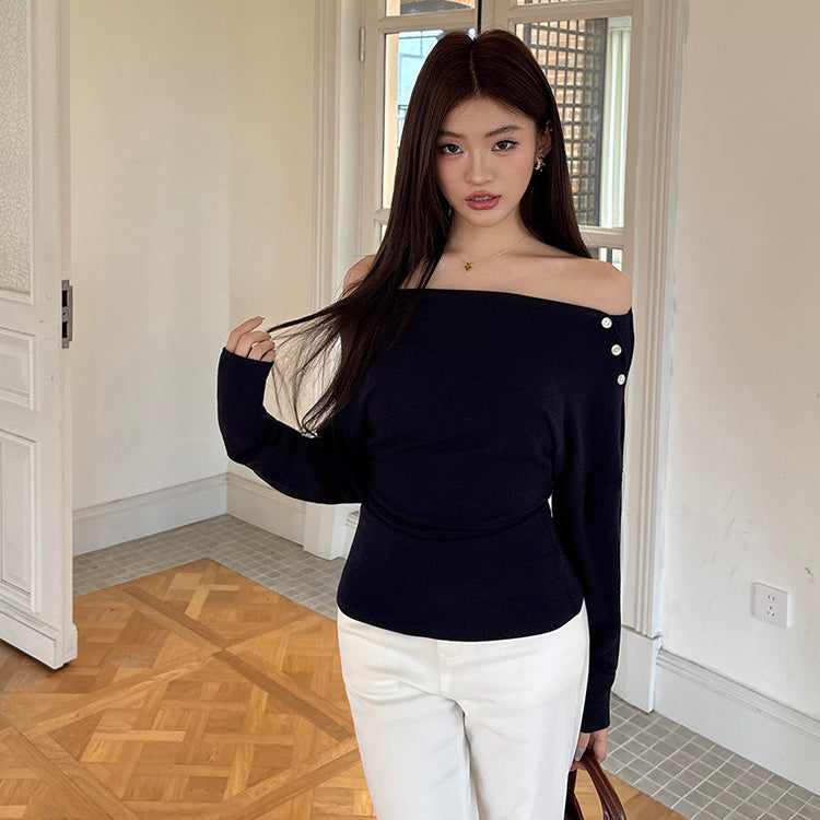 露肩掐腰一字領長版上衣-25663