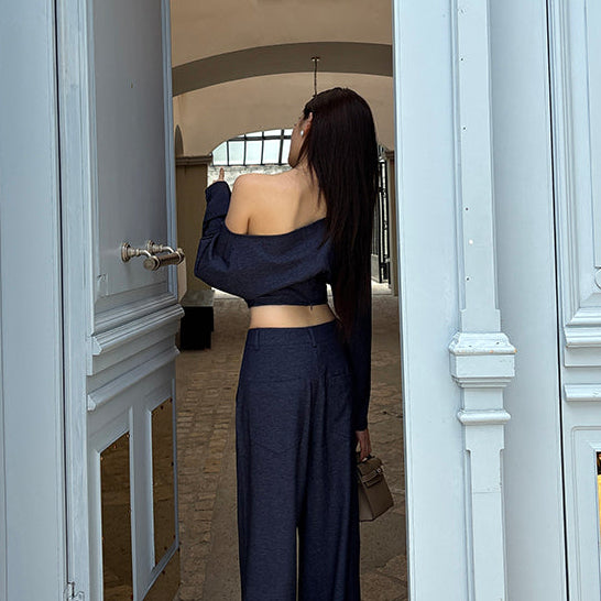 靛藍一字肩露腰上衣-25645