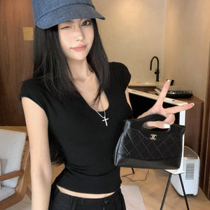 深U領緊身小飛袖彈力上衣-25481