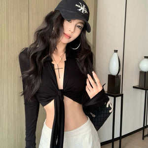蝴蝶結綁帶露臍開衫上衣-25466