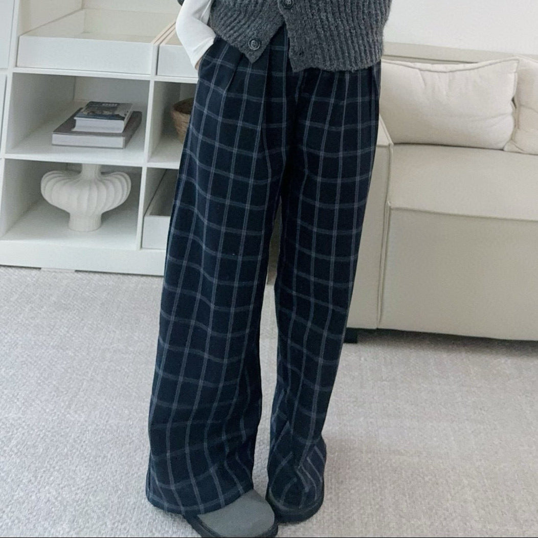 藍格紋後鬆緊顯瘦寬褲-25670