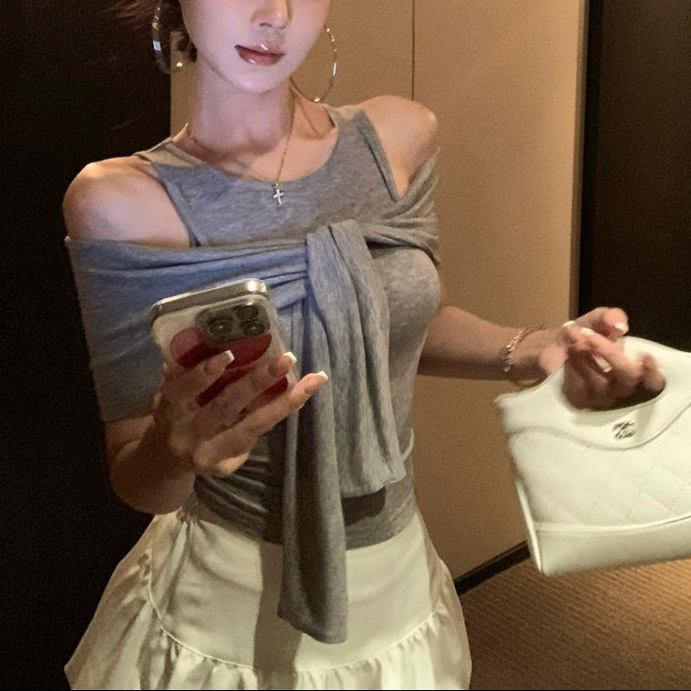 貴氣休閒綁帶裹肩背心上衣-25467