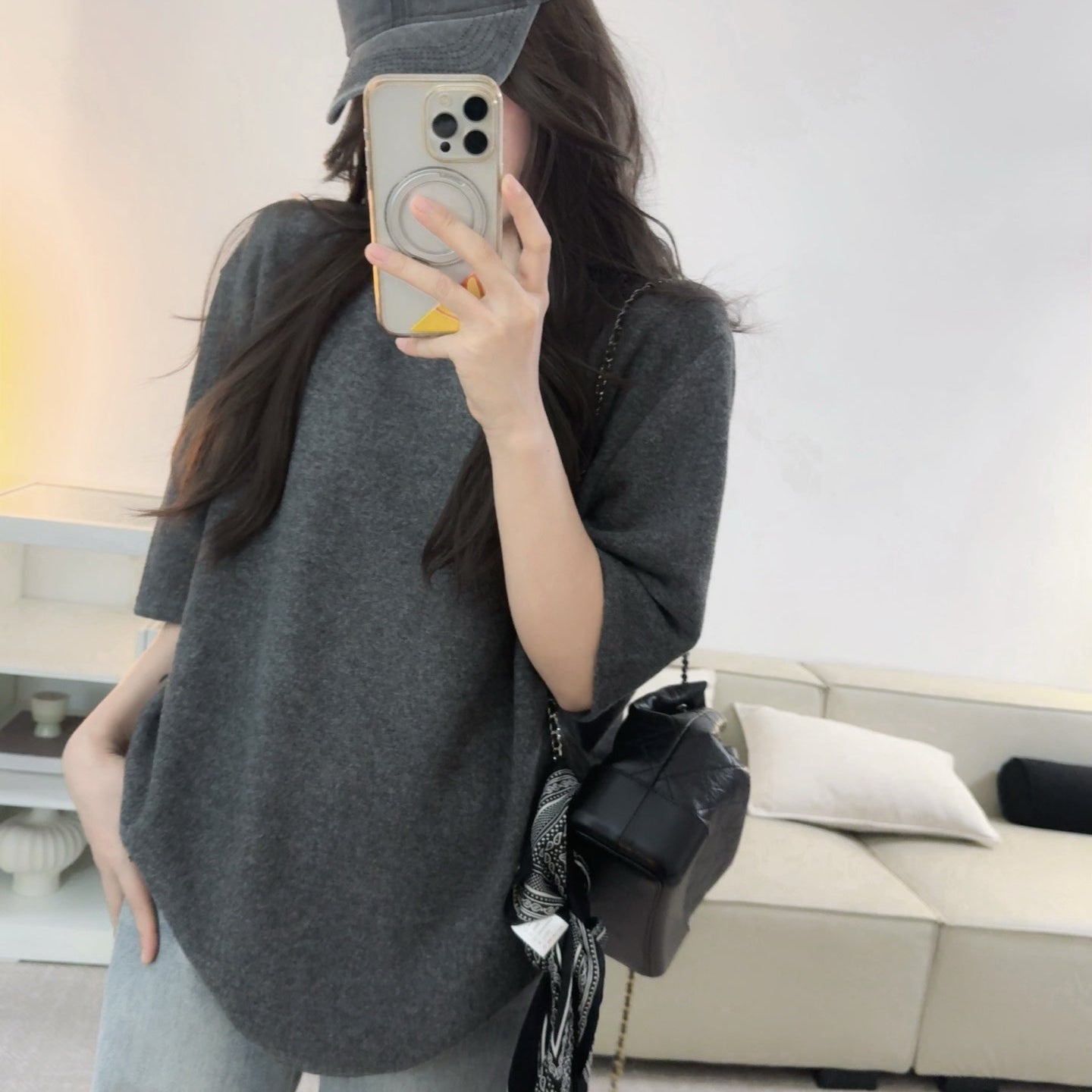 自留款深灰大廓形加厚中長版上衣-25671