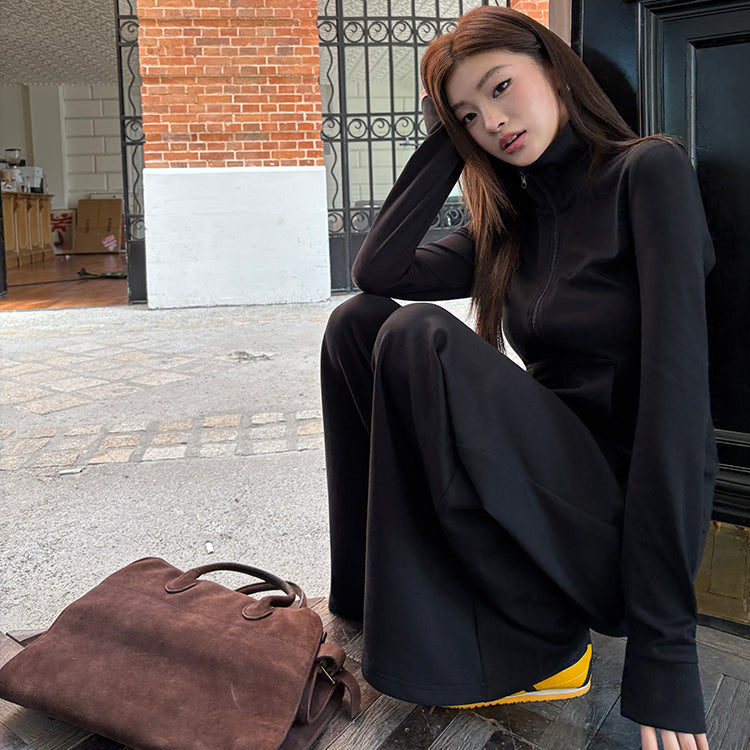 秘密同盟黑色立領修身外套寬褲兩件套-25636