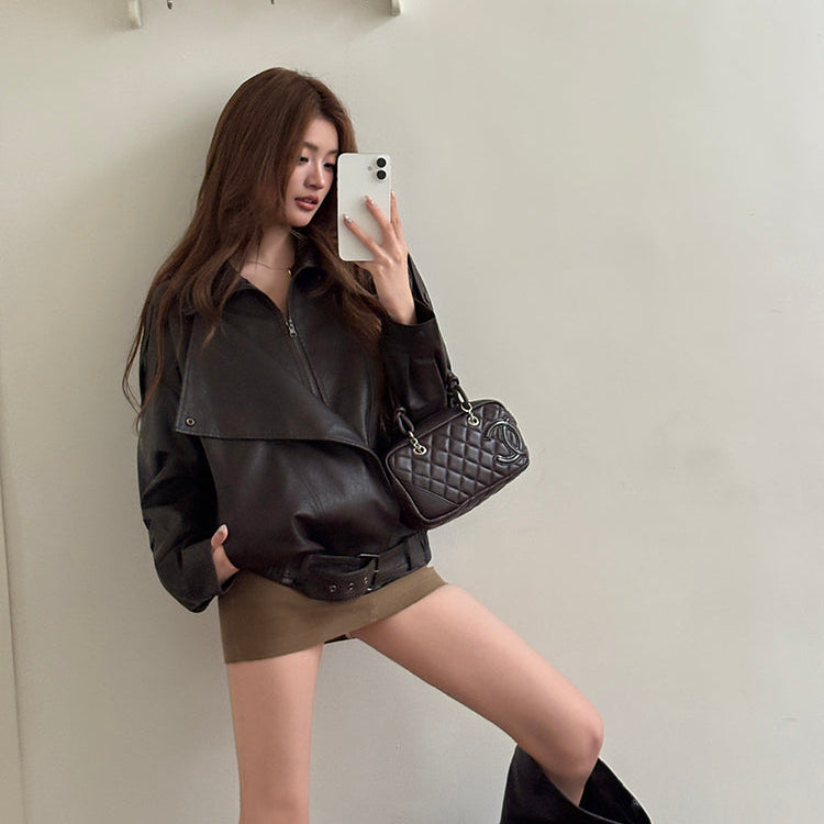 豪情時刻深棕廓形皮衣夾克-25634