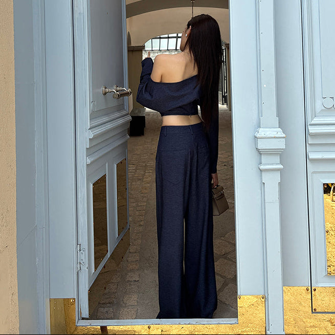 靛藍格調落地寬褲-25646