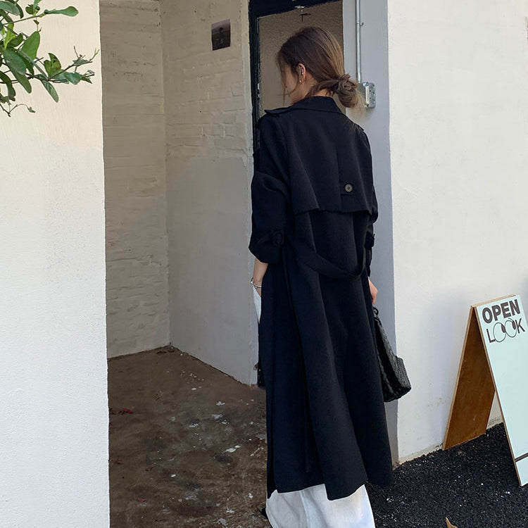 許我耀眼黑色繫帶長風衣-25644