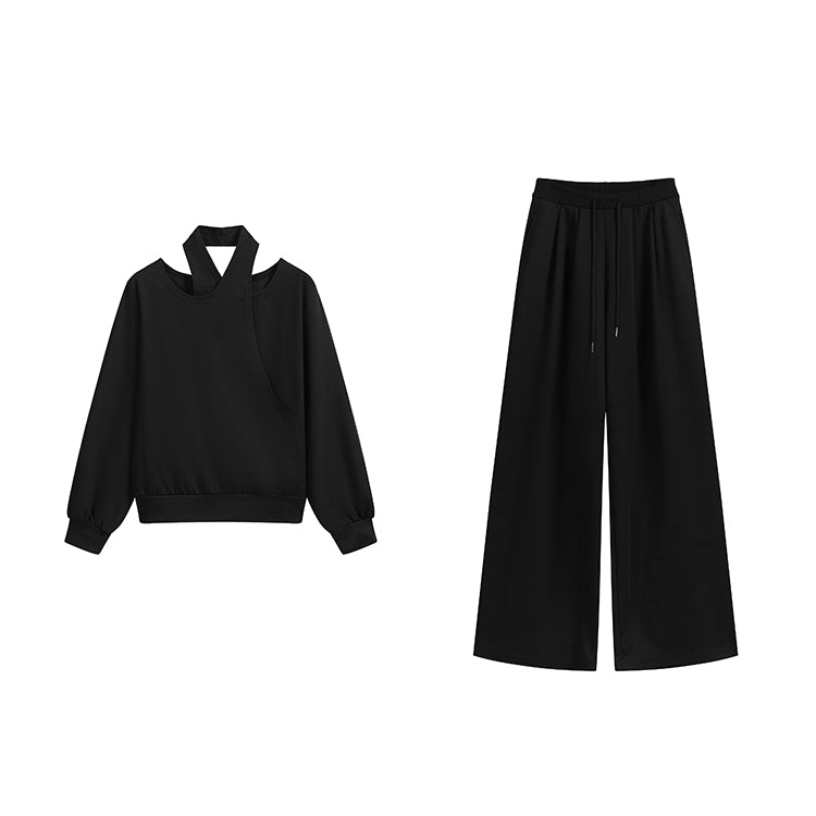 潮模掛脖衛衣抽繩衛褲兩件套-25637