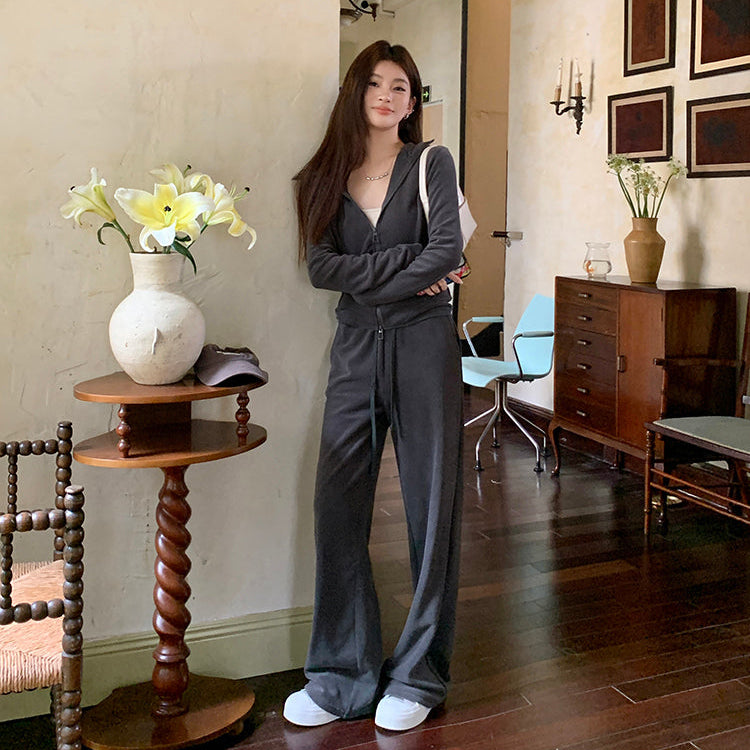 深灰絨面連帽外套垂感直筒褲兩件套-25630