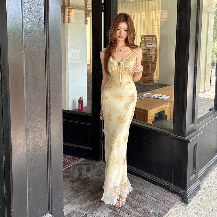 奶油黃印花長洋-25273