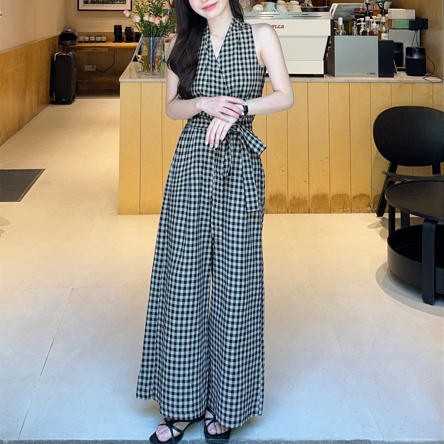 黑褐掛脖格紋背心寬褲兩件套-25320