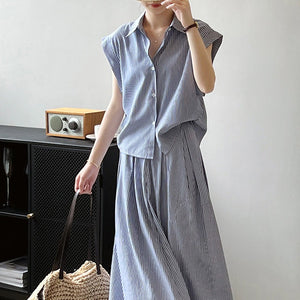 輕柔慢舞藍白直紋短袖襯衫長裙套裝-23308