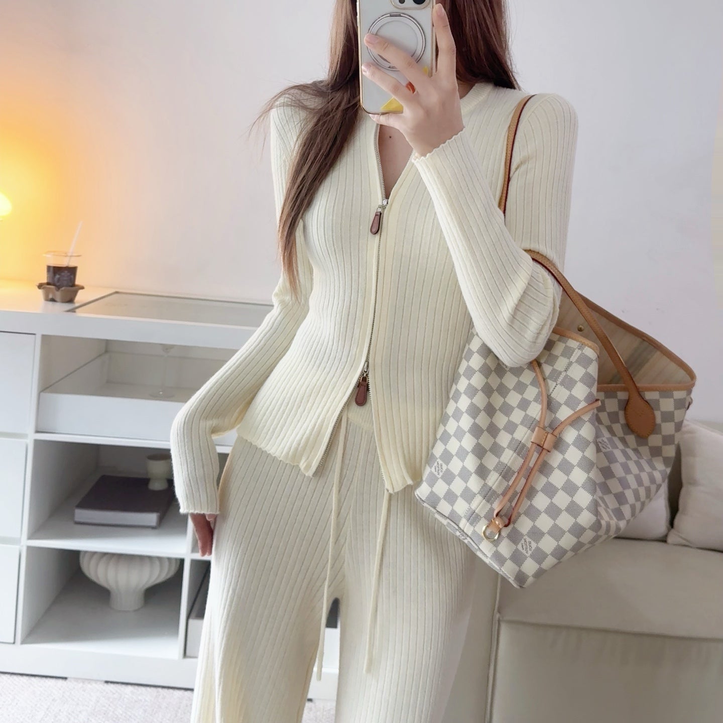 拉鍊坑條針織外套鬆緊高腰直筒長褲套裝-25676